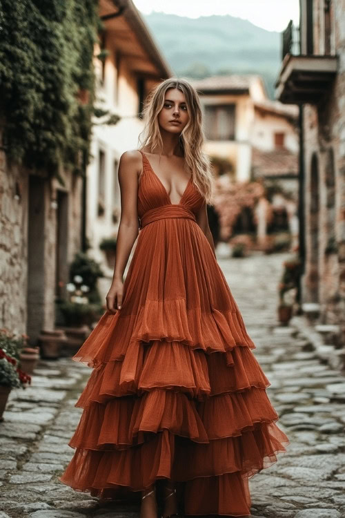 A woman wears an orange tiered wedding guest dress with a deep V-neckline and flowing layers