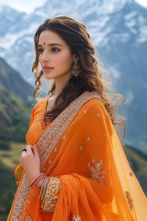 A woman wears an orange wedding guest dress and a matching dupatta