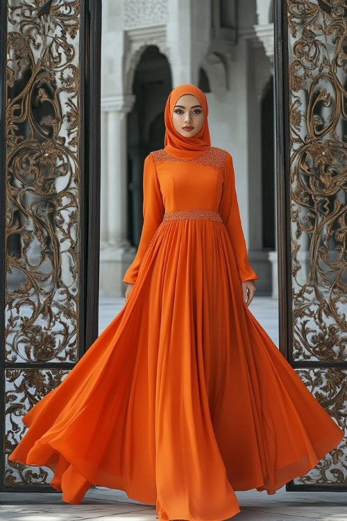 A woman wears an orange wedding guest dress and a matching hijab (3)