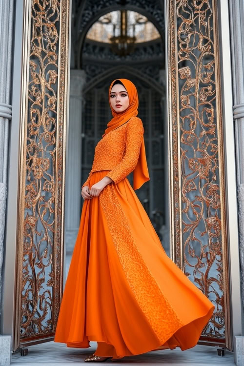 A woman wears an orange wedding guest dress and a matching hijab