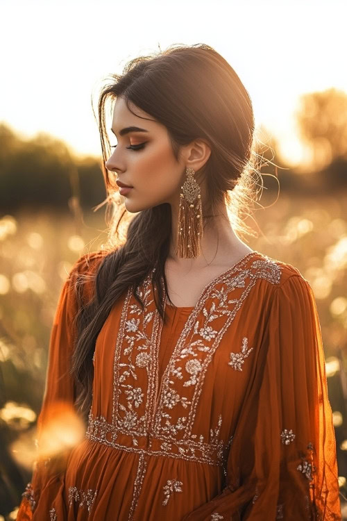 A woman wears an orange wedding guest dress and long tassel earrings in a sunlit field