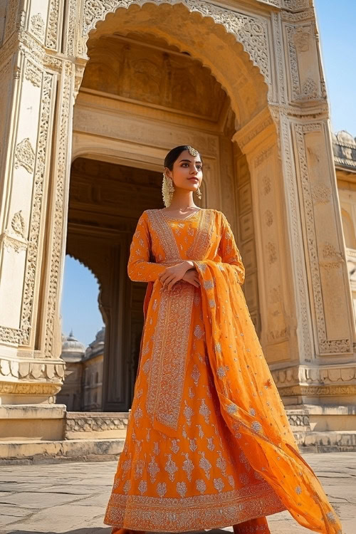 A woman wears an orange wedding guest dress with a detailed gown