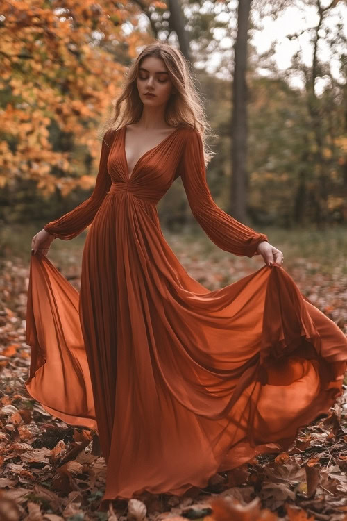 A woman wears an orange wedding guest dress with a flowing gown with long sleeves