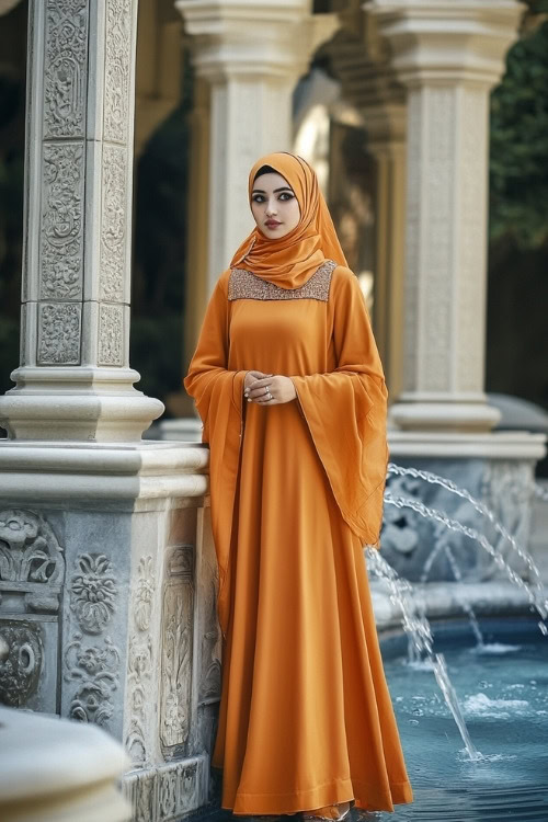 A woman wears an orange wedding guest dress with a matching hijab (2)