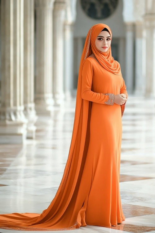 A woman wears an orange wedding guest dress with a matching hijab