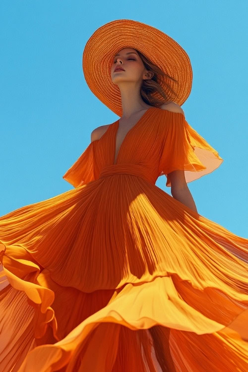 A woman wears an orange wedding guest dress with a pleated gown and a wide-brimmed hat