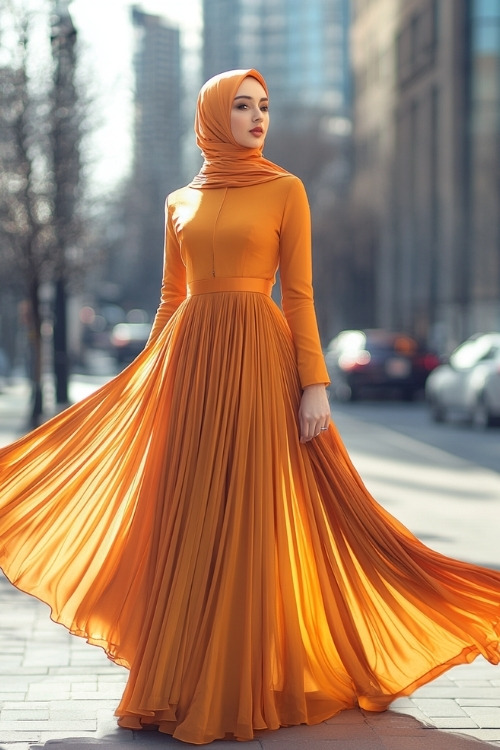 A woman wears an orange wedding guest dress with a pleated skirt and matching hijab in an urban setting