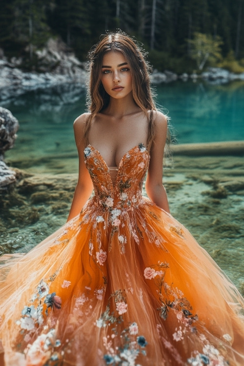 A woman wears an orange wedding guest dress with floral embroidery and a tulle skirt