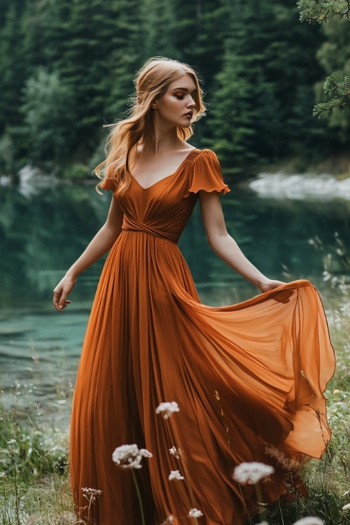 A woman wears an orange wedding guest dress with flutter sleeves