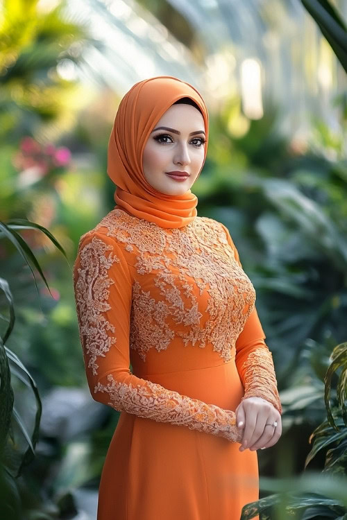 A woman wears an orange wedding guest dress with intricate embellishments and matching hijab