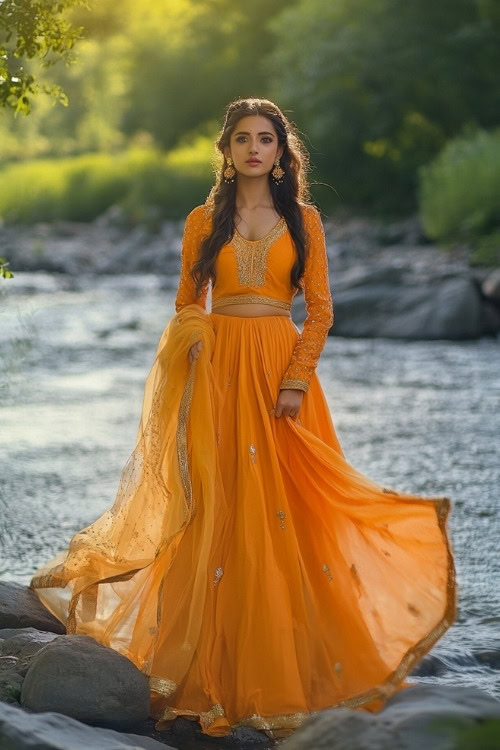 A woman wears an orange wedding guest dress with intricate embroidery