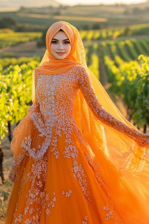 A woman wears an orange wedding guest dress with intricate lace detailing and a matching hijab