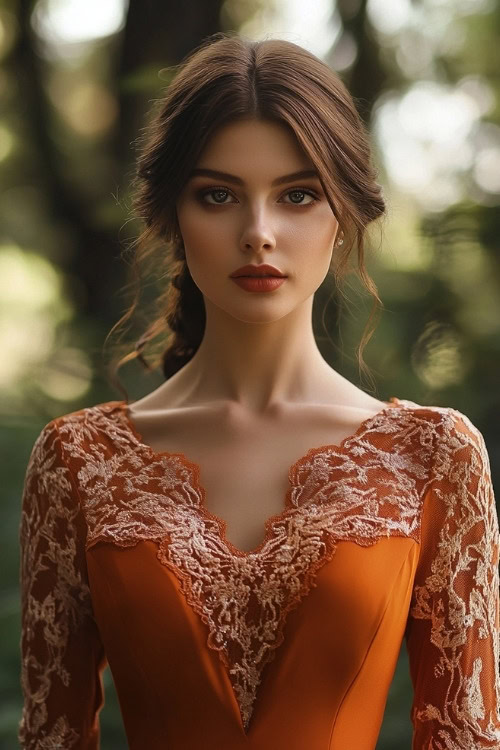 A woman wears an orange wedding guest dress with intricate lace details on the bodice