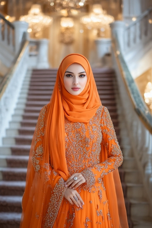 A woman wears an orange wedding guest dress with intricate silver embellishments and a matching hijab