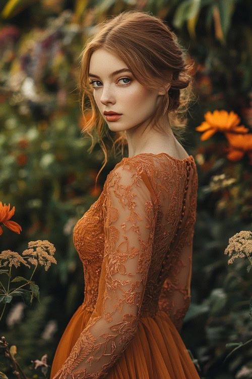 A woman wears an orange wedding guest dress with long sheer sleeves and lace embellishments