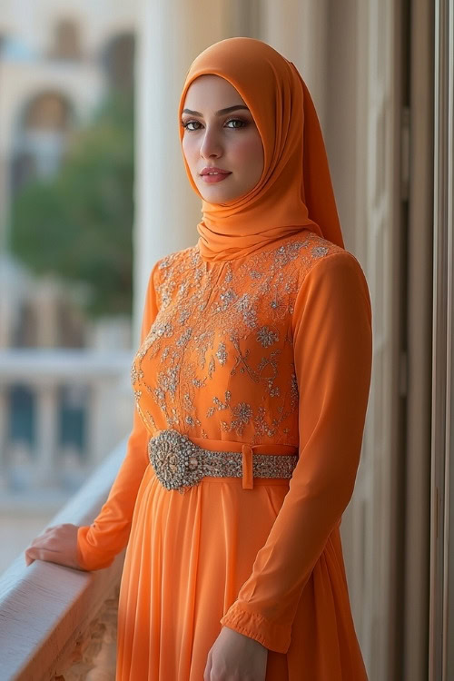 A woman wears an orange wedding guest dress with matching hijab and silver belt