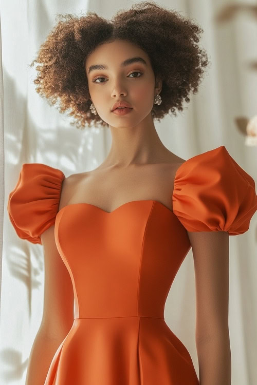 A woman wears an orange wedding guest dress with puffed sleeves and a sweetheart neckline