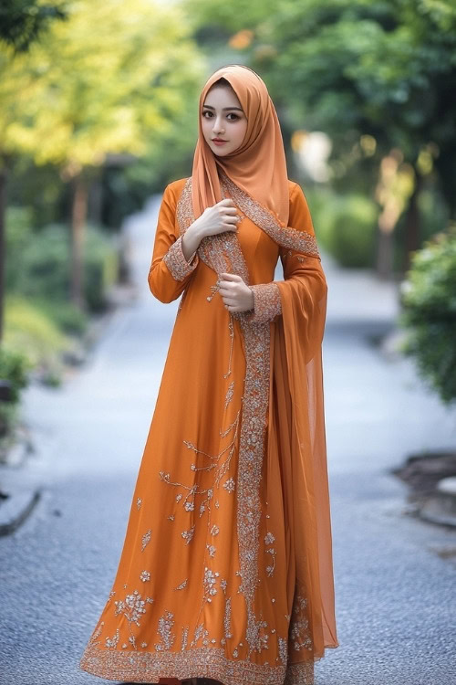 A woman wears an orange wedding guest dress with silver embroidery and a matching hijab