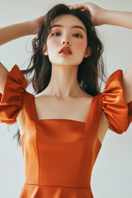 A woman wears an orange wedding guest dress with square neckline and puffed sleeves