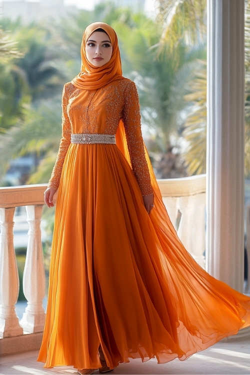 A woman wears an orange wedding guest gown with intricate lace details a belted waist and a matching hijab