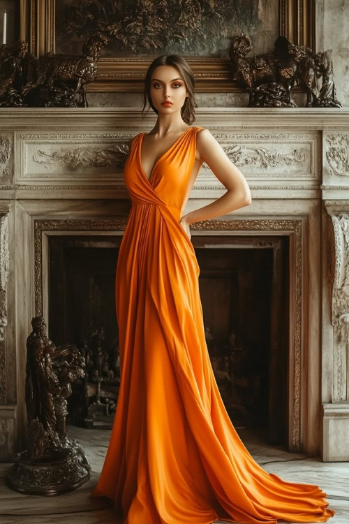 A woman wears an orange wrap wedding guest dress with a deep V-neckline and flowing skirt