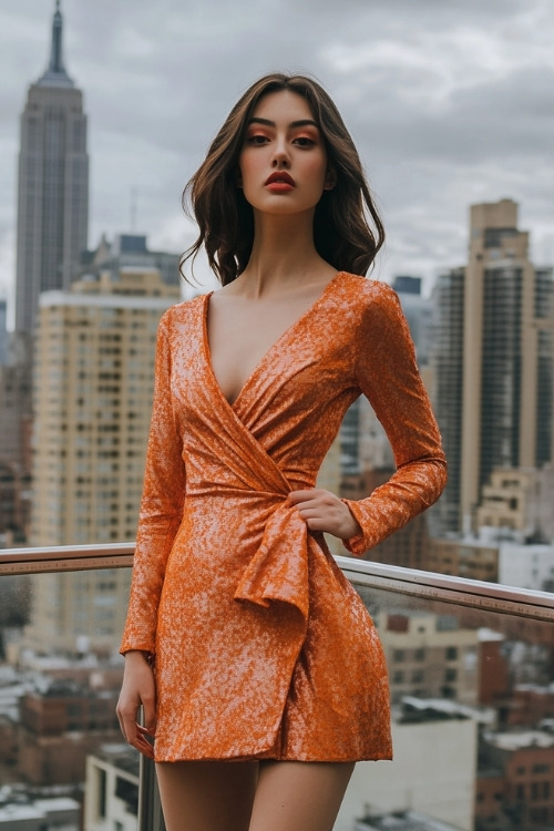 A woman wears an orange wrap wedding guest dress with long sleeves in a city setting