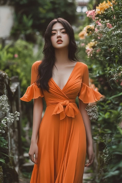 A woman wears an orange wrap wedding guest dress with ruffled sleeves