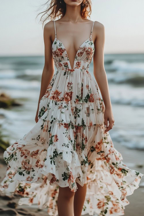 A woman wears midi floral dress and is walking in the beach