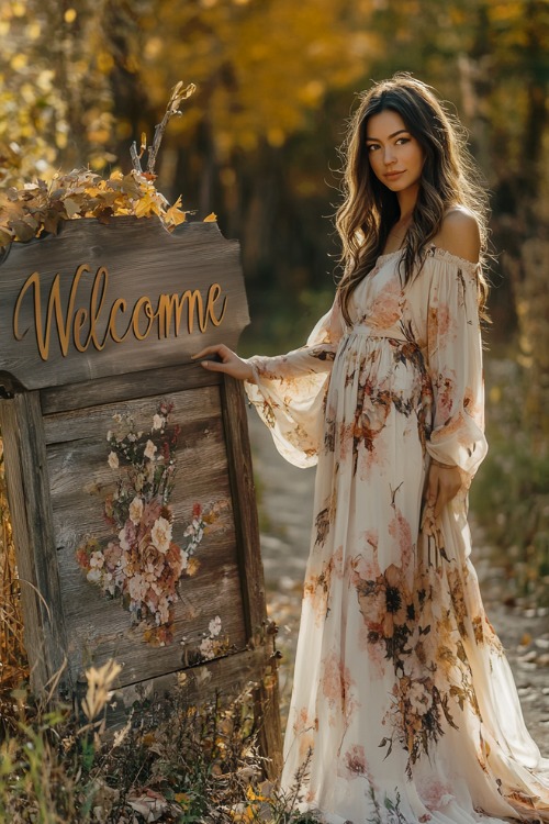 A woman wears off-shoulder floral dress in the outdoor wedding