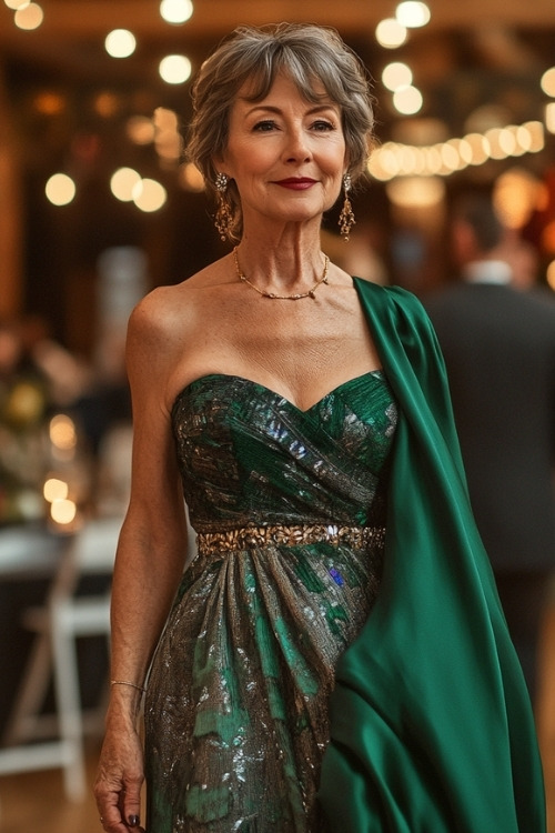 An over 50 woman wears green gown for wedding