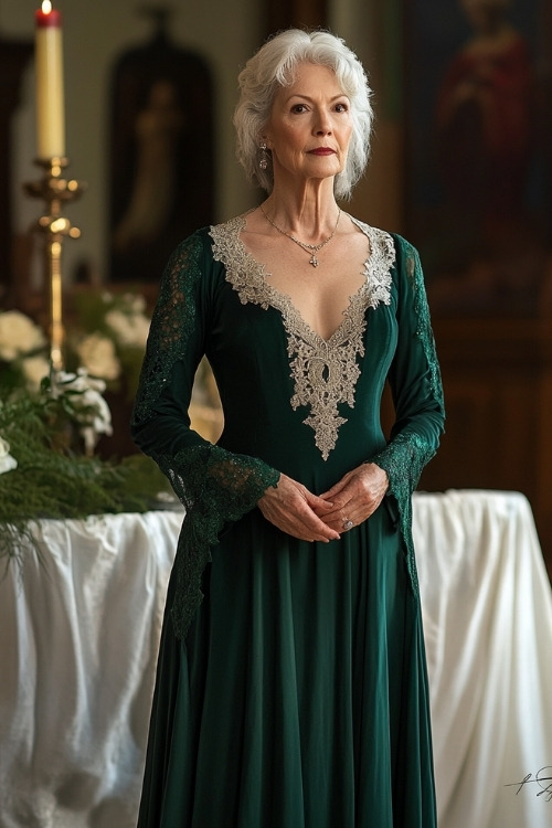 An over 50 woman wears green lace wedding guest dress