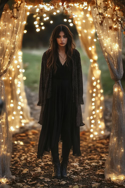 Black dress with a layered cardigan and ankle boots, standing under a canopy decorated with fairy lights for a fall wedding (3)