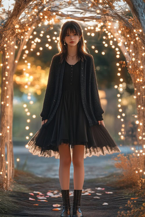 Black dress with a layered cardigan and ankle boots, standing under a canopy decorated with fairy lights for a fall wedding