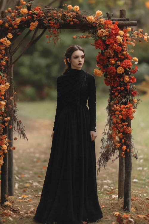 Black long-sleeve dress with a wool shawl and heeled boots, standing beside a decorated wedding altar with autumnal flowers