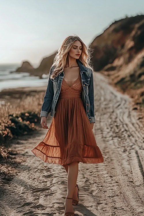 Full-body shot of a woman in a terracotta midi dress layered with a denim jacket and ankle boots (2)