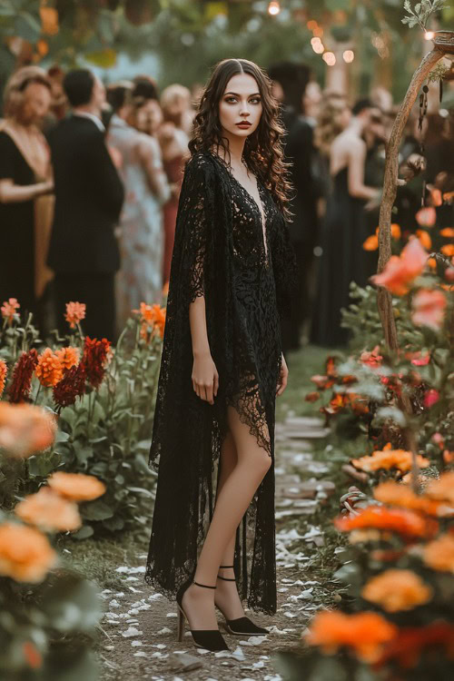 Full-body view of a woman in a black lace midi dress layered with a soft shawl and ankle boots, posed in a garden venue