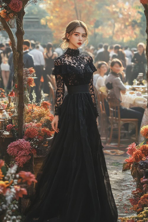 Full-body view of a woman in a black lace midi dress layered with a soft shawl and ankle boots