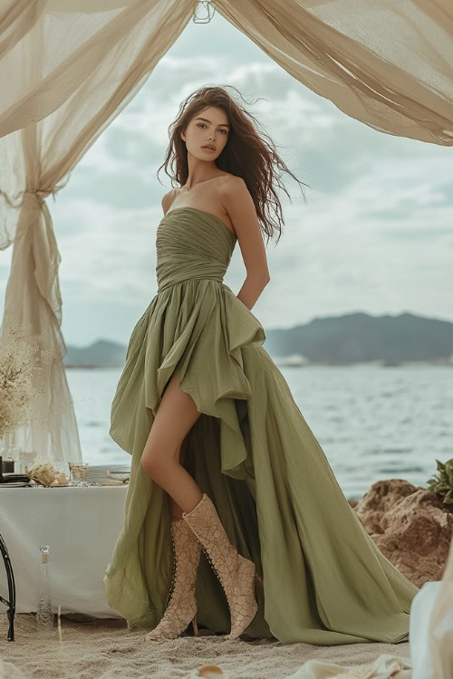 Full-body view of a woman in a layered olive green strapless dress with a shawl draped over her shoulders and open-toed boots (2)