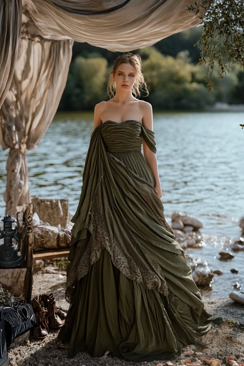 Full-body view of a woman in a layered olive green strapless dress with a shawl draped over her shoulders and open-toed boots