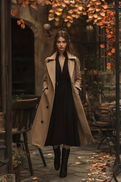 Woman in a layered black midi dress with a beige trench coat and pointed-toe boots, standing near an elegant wedding venue surrounded by autumn foliage