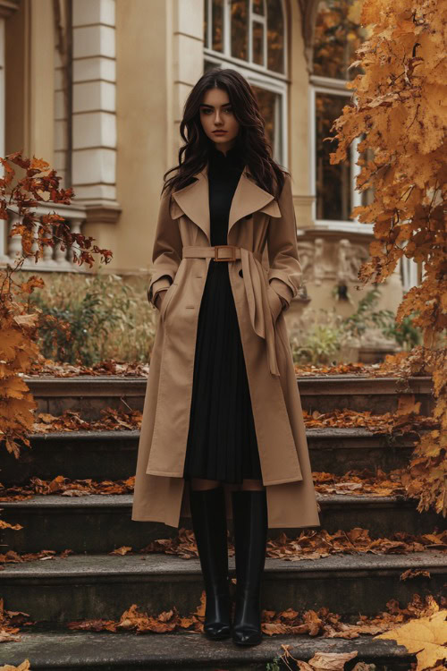 Woman in a layered black midi dress with a beige trench coat and pointed-toe boots, standing near an elegant wedding