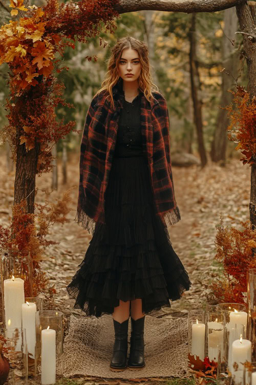 Woman in a layered black midi dress with a cozy plaid shawl and ankle boots, posed near an outdoor wedding altar with rich fall foliage and candles (2)