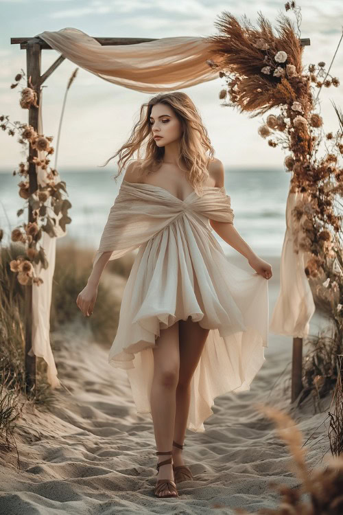 Woman in a layered, light beige dress with a flowy shawl over her shoulders and ankle-strap sandals