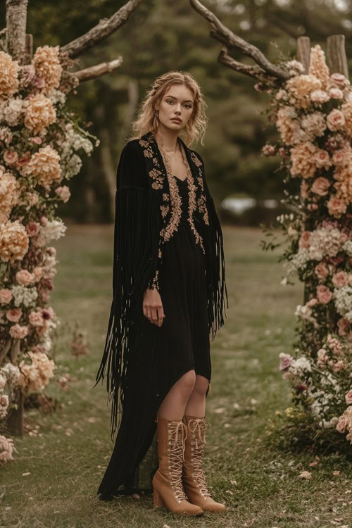 Woman in an elegant black maxi dress with a fringed shawl and tan boots, standing by a floral wedding arch in a garden