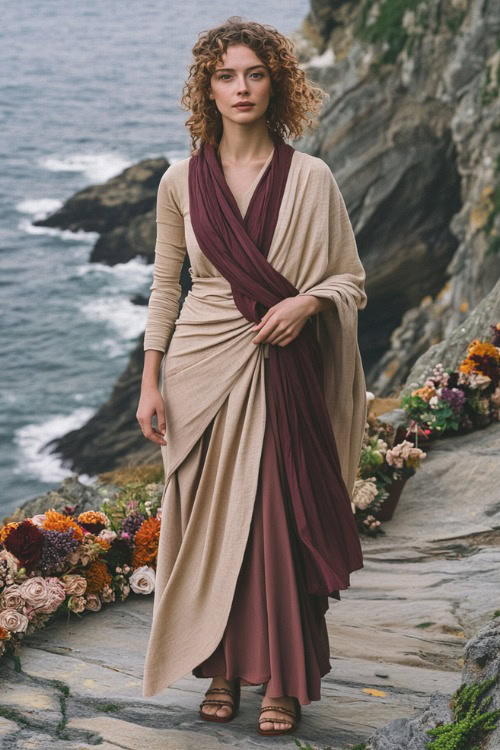 Woman wearing a layered beige and maroon wrap dress with a wool scarf and heeled sandals, standing by a coastal cliff decorated for a wedding ceremony