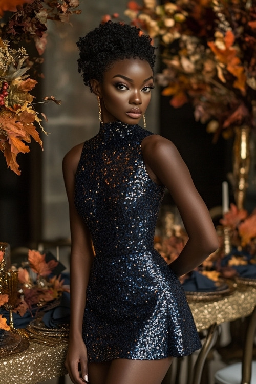 a black woman wears a navy sequin wedding guest dress with a high neck