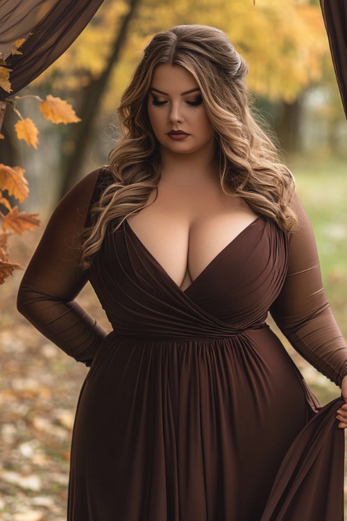 a curvy woman wears a brown long-sleeve wedding guest dress with a deep V neckline