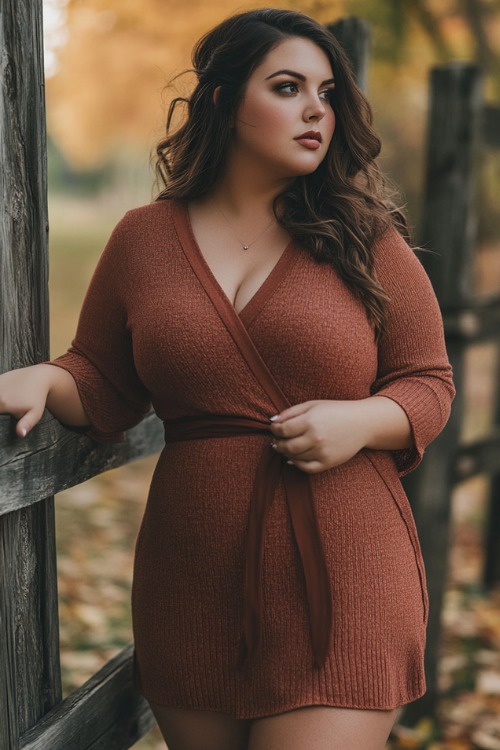 a curvy woman wears a brown wrap-style wedding guest dress with a short hemline