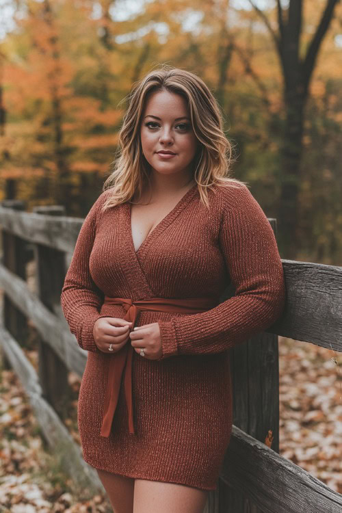 a curvy woman wears a brown wrap wedding guest dress with a short hemline