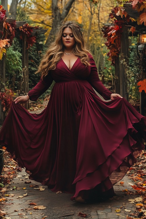 a curvy woman wears a burgundy wedding guest dress with a wrap style